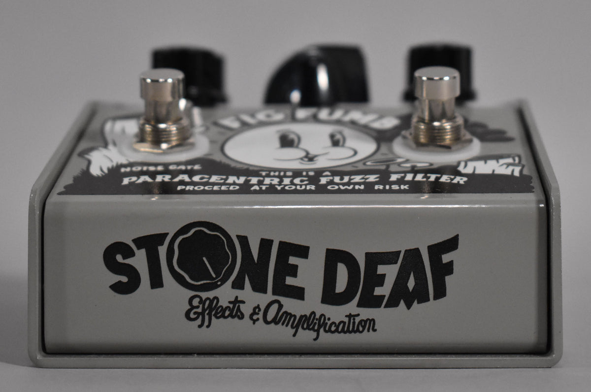 Front view of a light gray pedal with black lettering, two chrome footswitches, and three black control knobs.