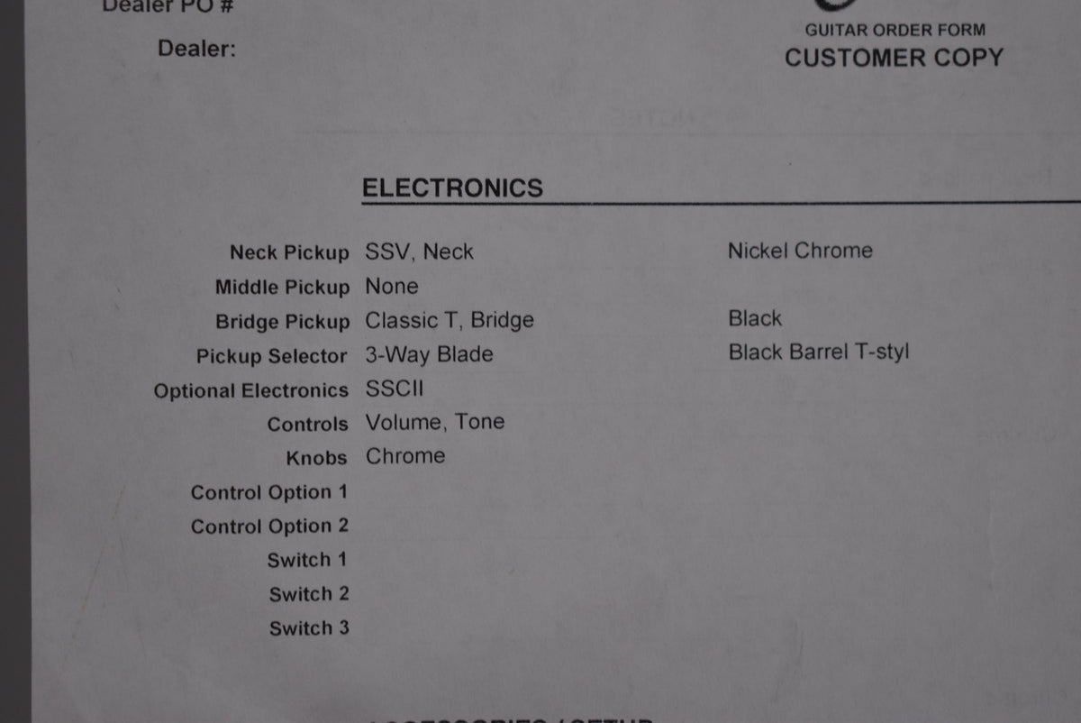 A close-up of a guitar order form, showing the "ELECTRONICS" section with pickup, selector, controls, and knob specifications.