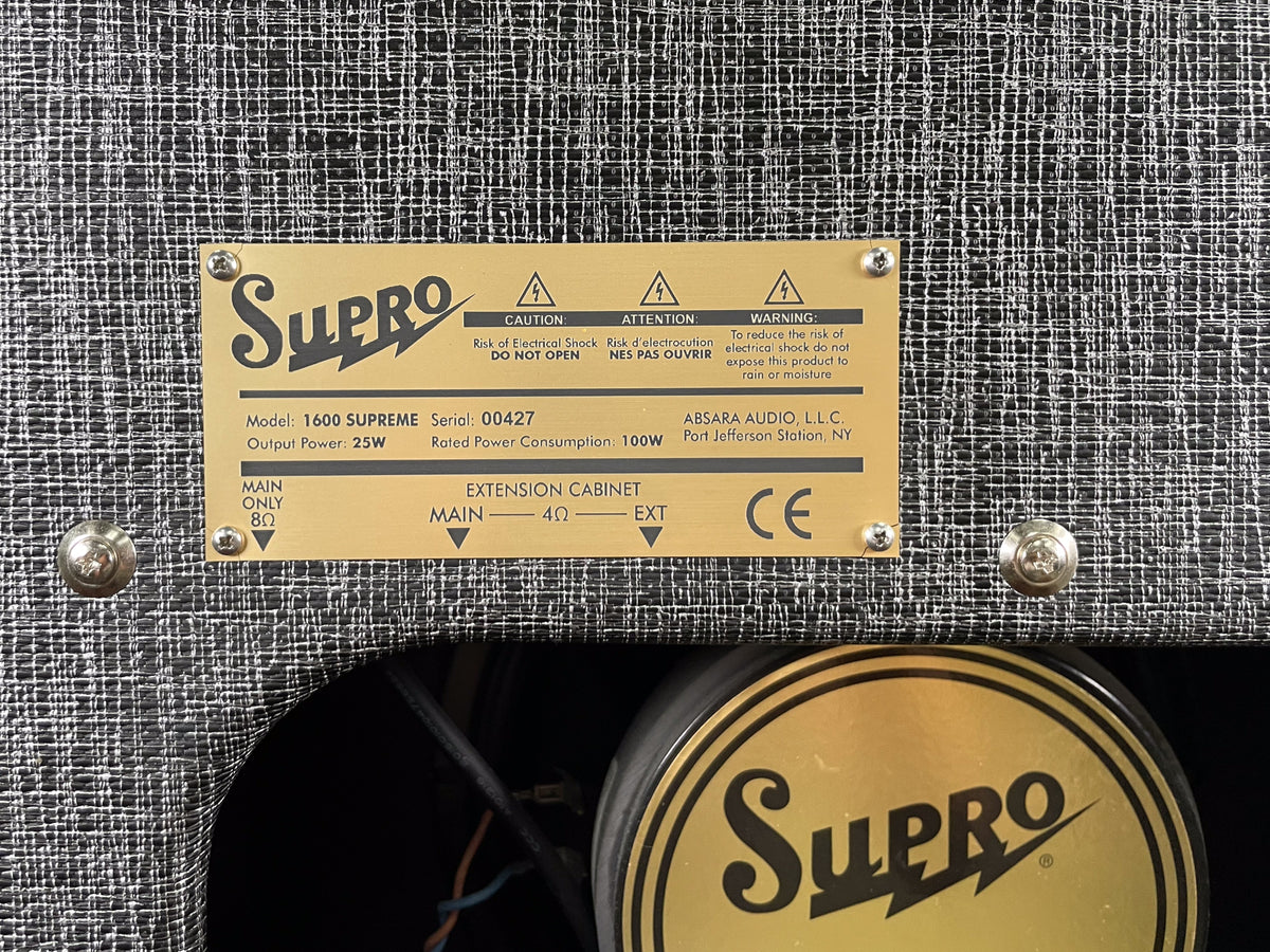 Close-up of the amp's black and white tweed back panel, showing a gold metal plate with text and a speaker magnet.