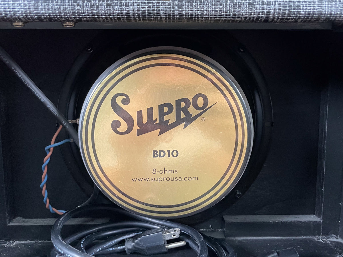 Close-up of the amp's gold-colored speaker cone, with black lettering, surrounded by black speaker frame and internal wiring.