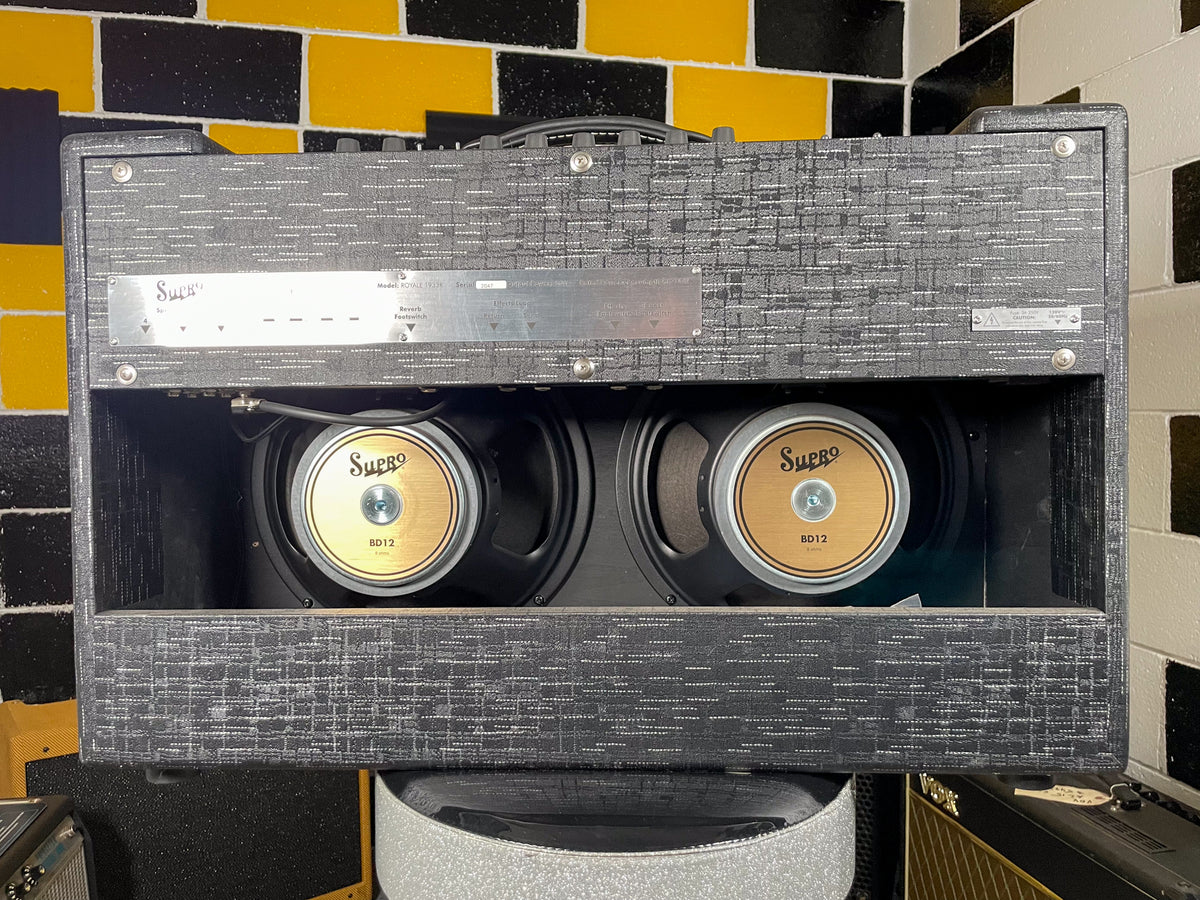 Rear view of a black textured combo amp, revealing two gold-coned speakers and a silver control panel with various inputs and switches.