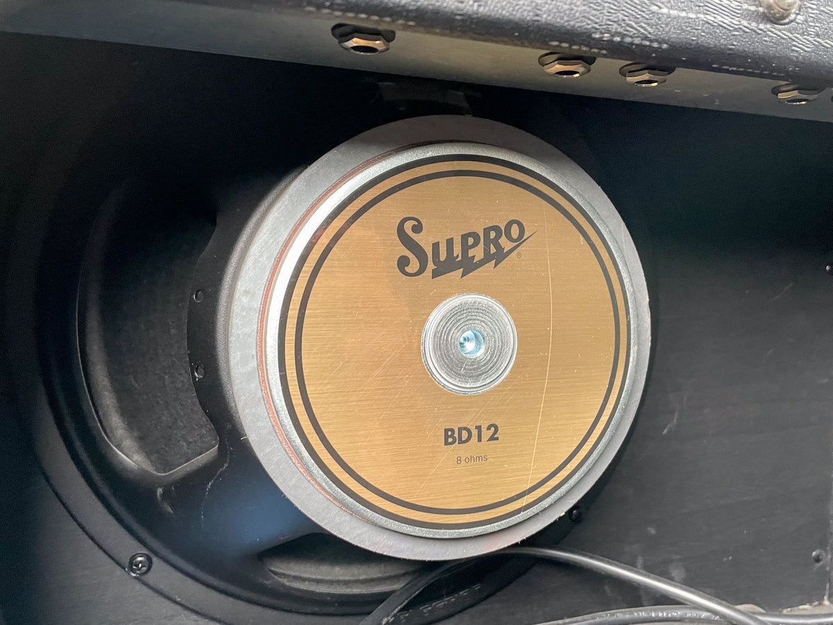 Close-up of the amp's speaker, featuring a gold-colored dust cap with black lettering, surrounded by a black cone and frame.
