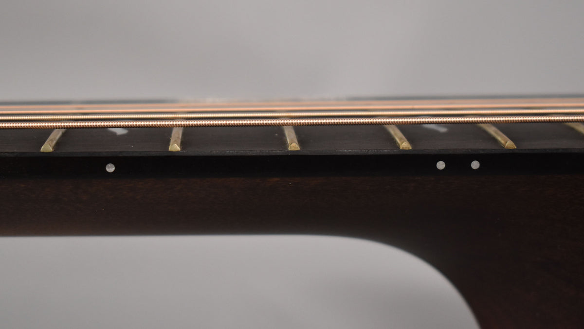 A close-up of the guitar's dark fretboard and neck, showing brass frets, side dots, and bronze strings from a low angle.