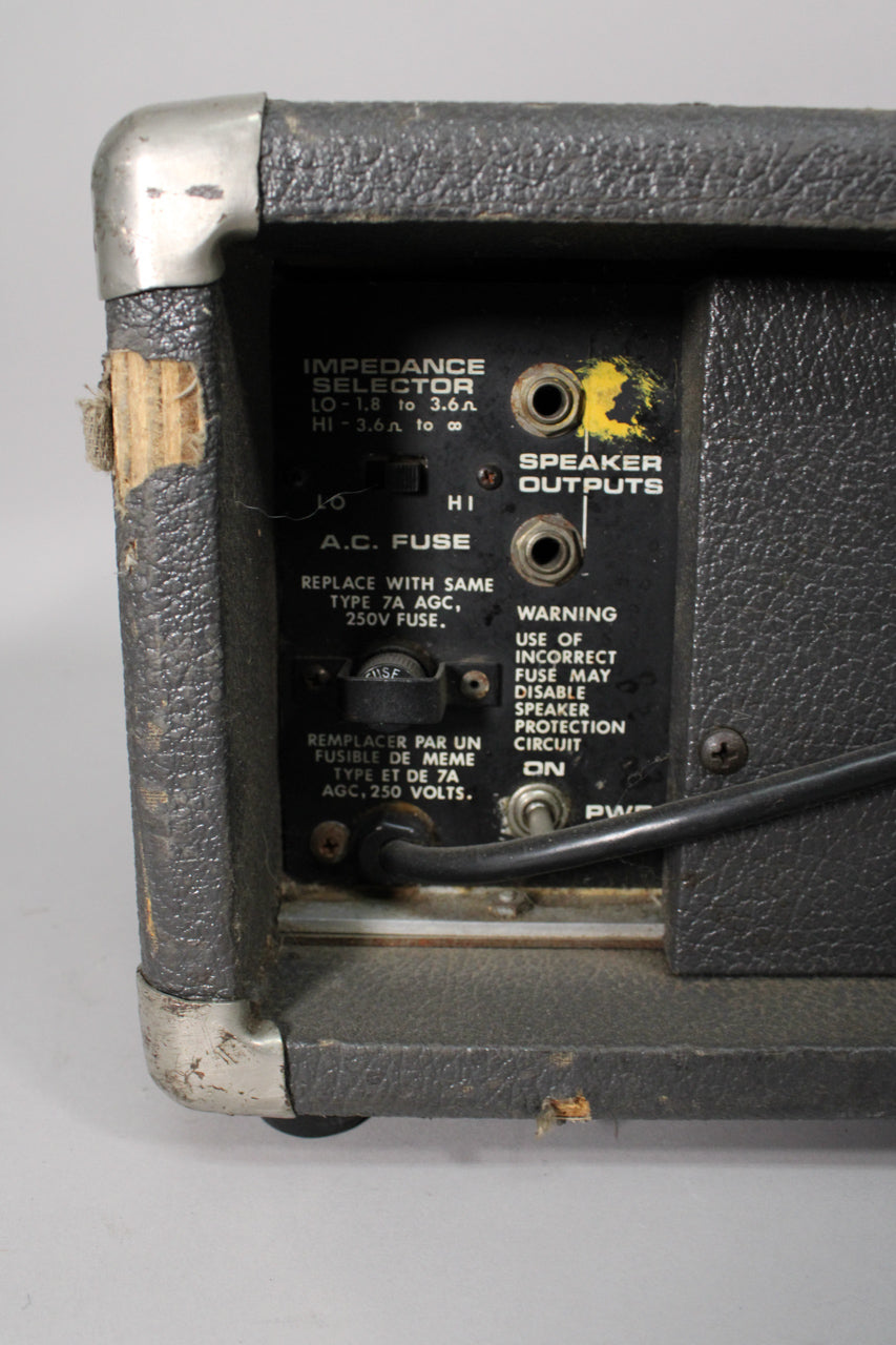 Rear view of the dark gray textured amplifier, showing the input panel with two speaker outputs, a fuse holder, and a worn power cable.