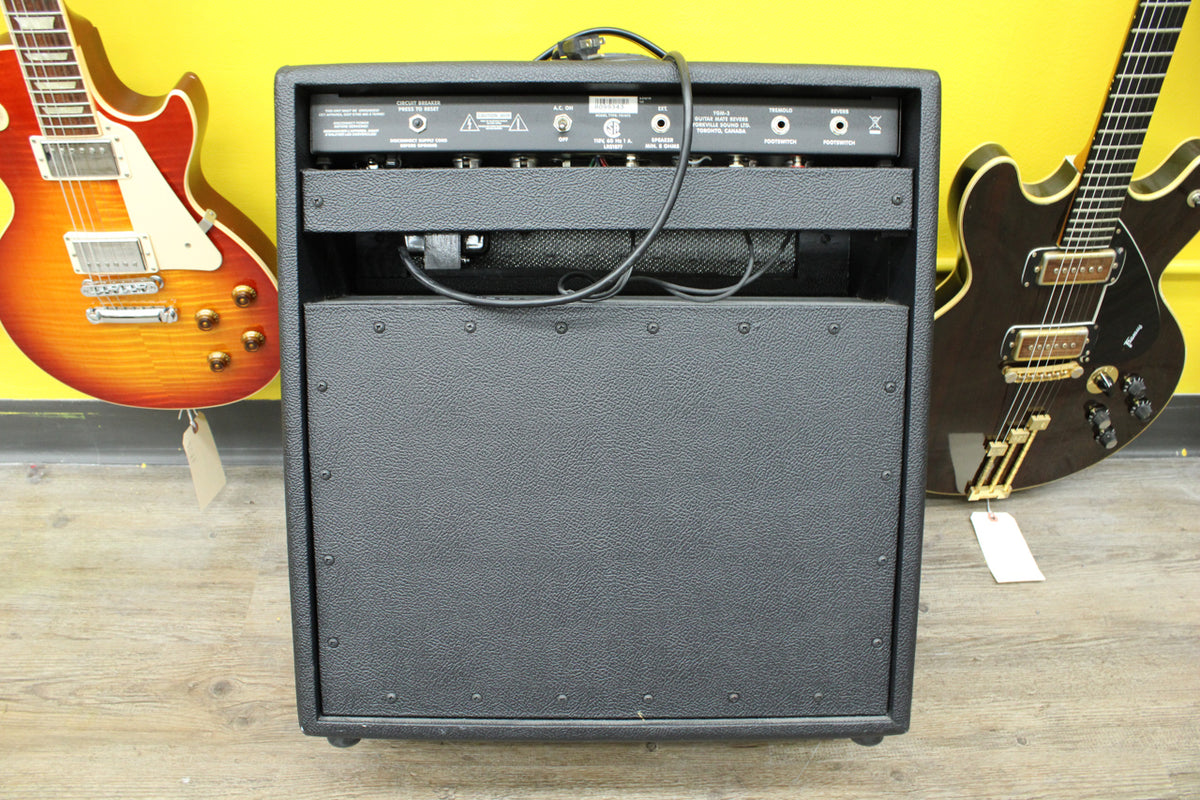 The black textured amp is viewed from the rear, showing the input panel with various jacks and a power cord.