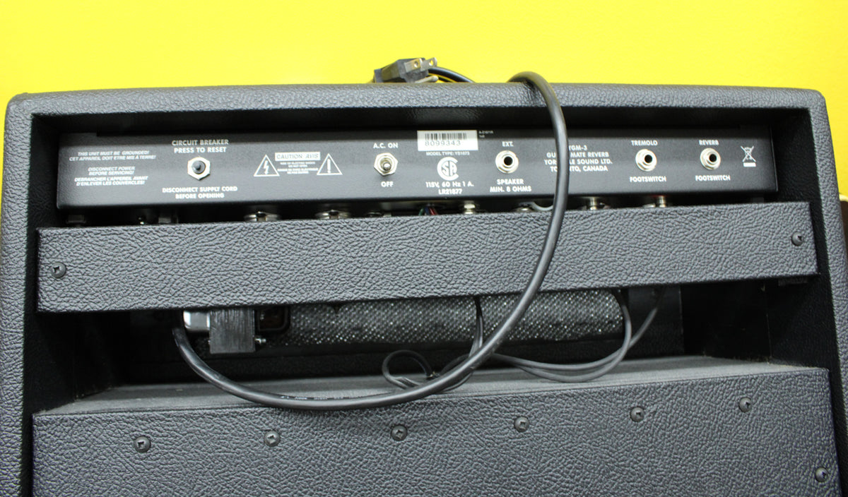 Rear view of a black textured combo amp, showing the top control panel with power, speaker, tremolo, and reverb jacks.