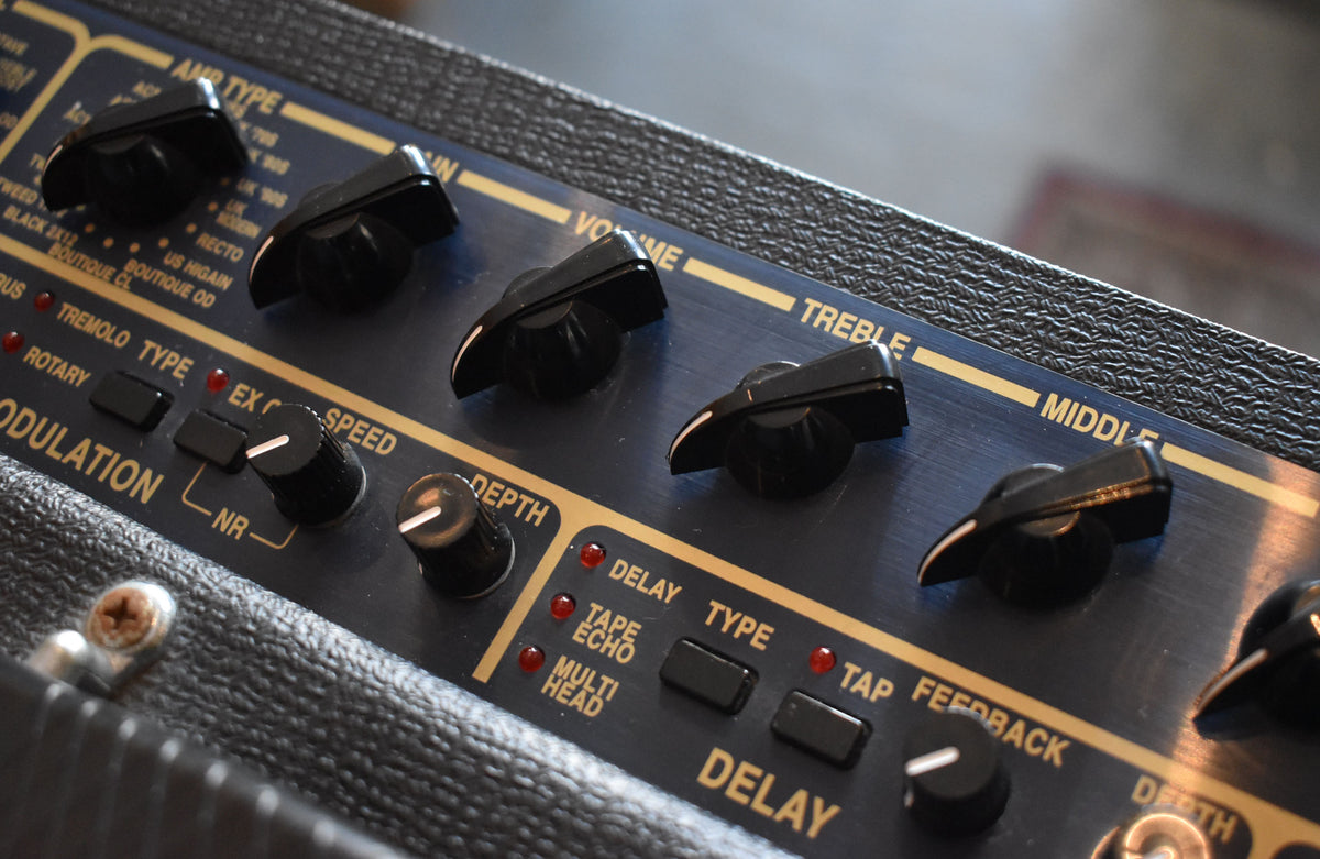 Close-up of the amp's dark blue control panel with gold lettering, showing several black chicken-head and pointer knobs.