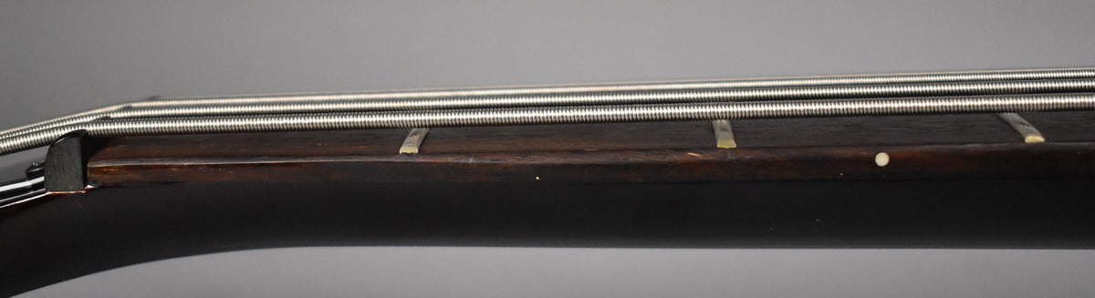 Close-up of the bass's dark brown fretboard with four silver strings, showing light wear and a white side dot marker.