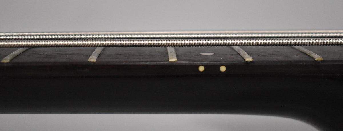 Close-up of the bass's dark fretboard and neck, showing two bass strings, four frets, and two light-colored side dot markers.