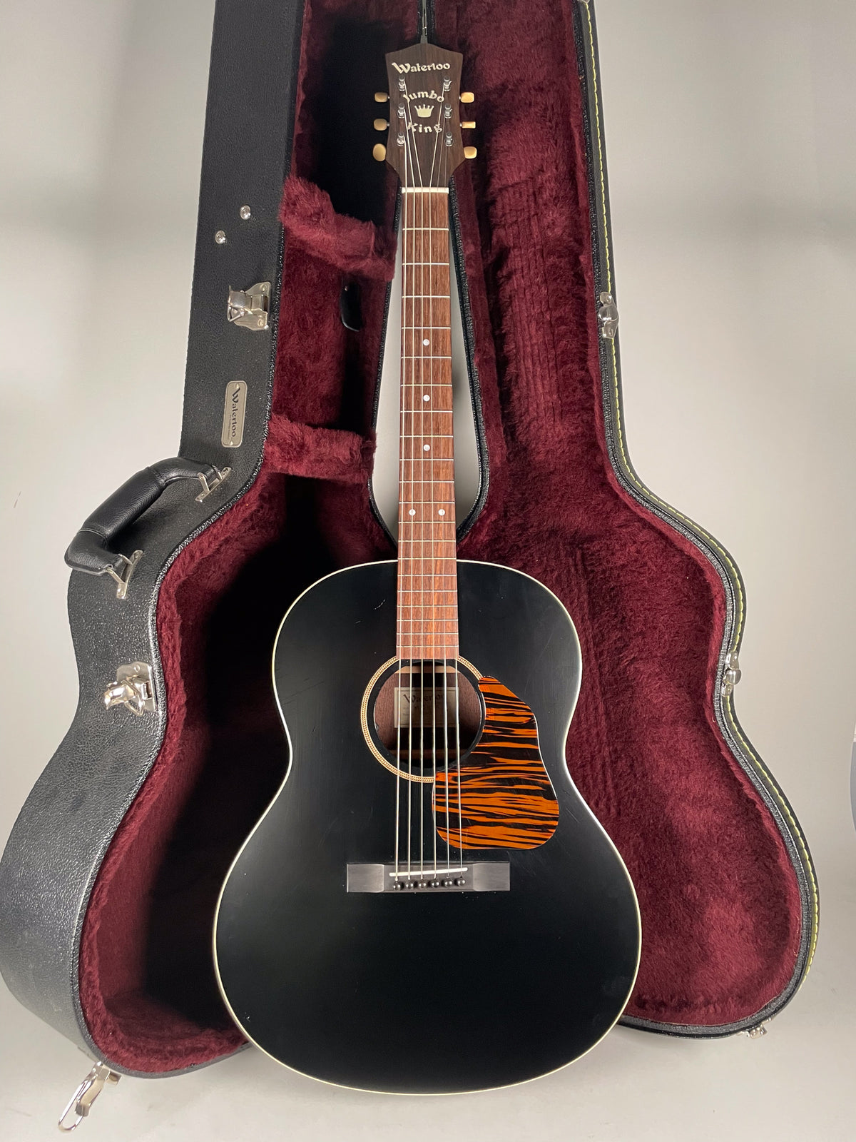 Full-length view of a black acoustic guitar with a matte finish and a tiger-stripe pickguard, standing in its open, red-lined hard case.