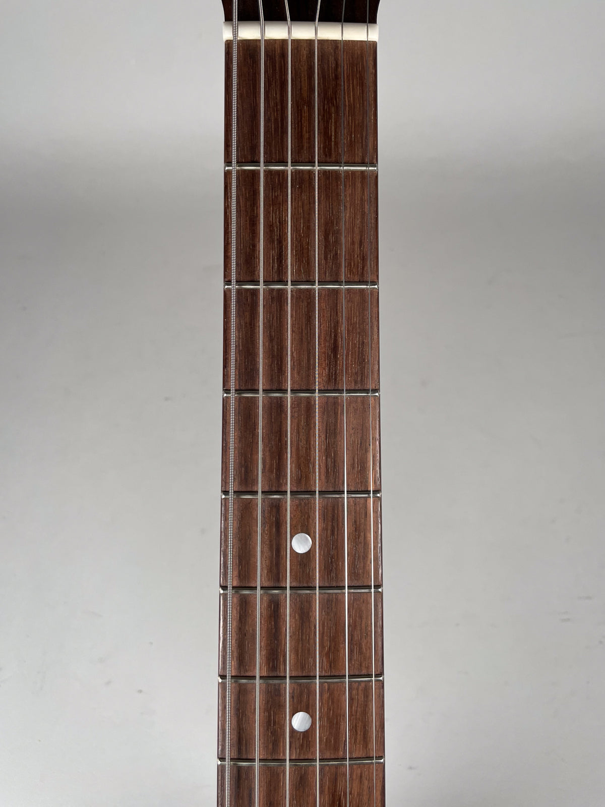 The dark brown fretboard with white dot inlays is framed vertically, showing the nut and first 10 frets with strings.