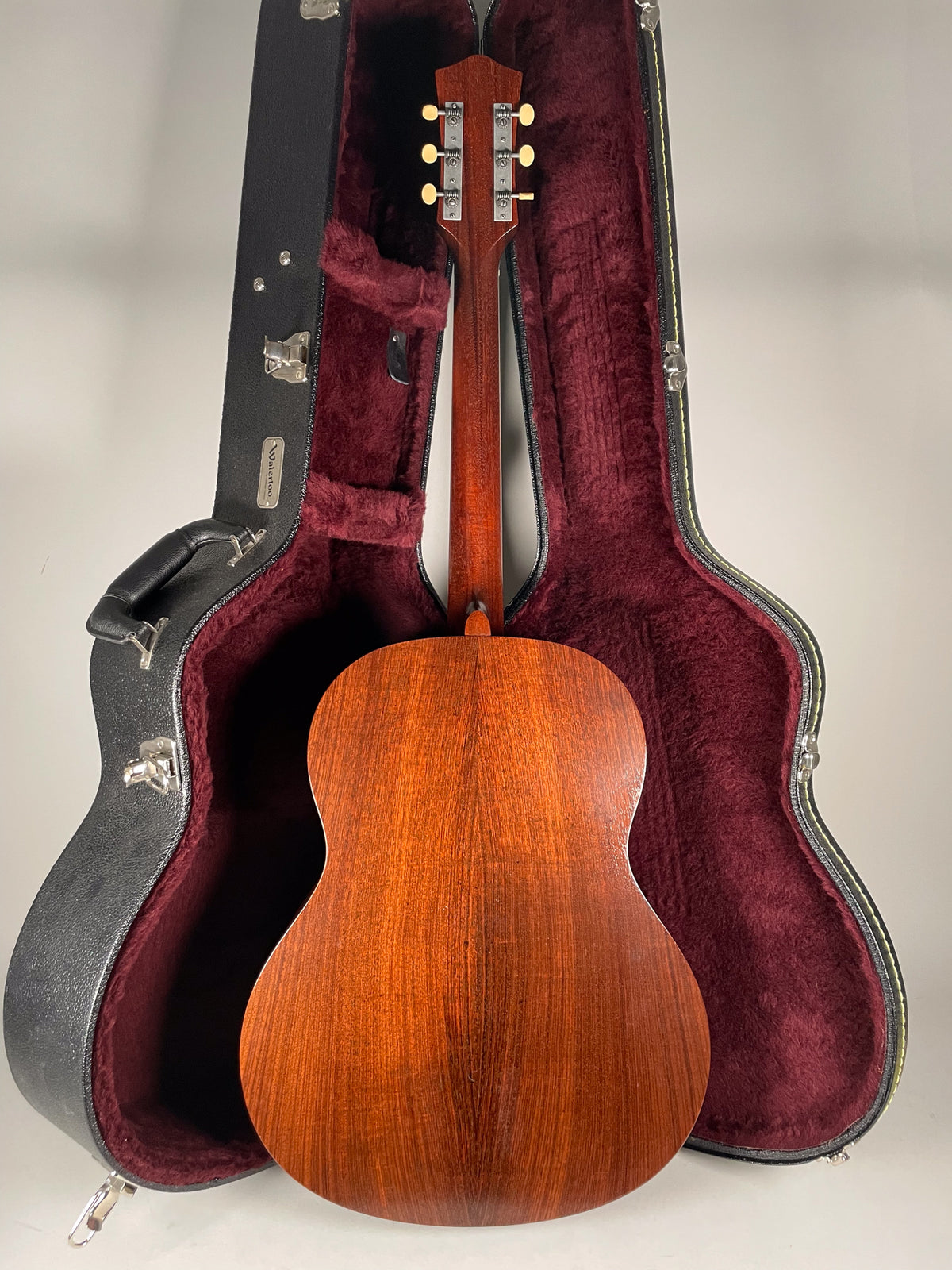 The guitar's back and neck are visible, showing a reddish-brown wood grain, with the headstock and tuners framed by an open hard case.