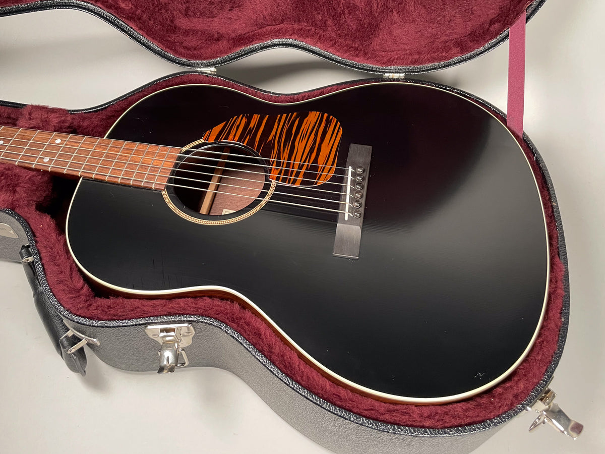 Black acoustic guitar in a hard case, angled to show the body, fretboard, and a tiger-stripe pickguard.
