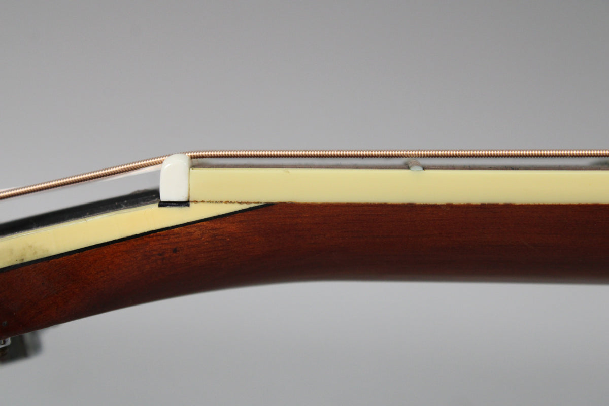 Close-up of the guitar's nut and first fret, showing a dark brown neck, cream binding, and a small chip on the fretboard.