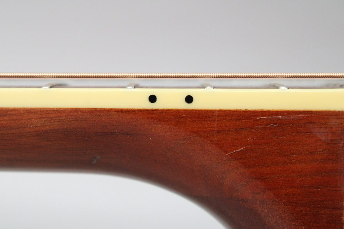 Close-up of the guitar's neck, showing the dark wood with light scratches and two black dot inlays on the cream binding.