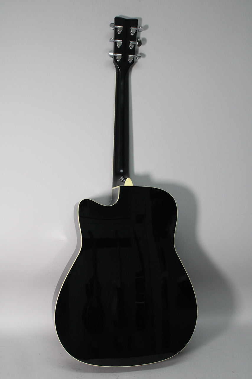 The black acoustic-electric guitar is viewed from the back, showing its glossy finish, cream binding, and six chrome tuners.