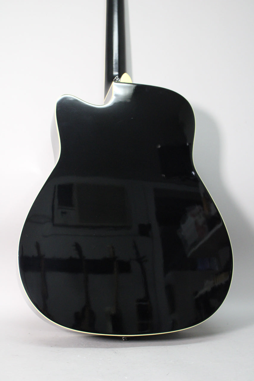 The guitar's glossy black back and neck are visible from behind, with a white binding outlining the body and cutaway.