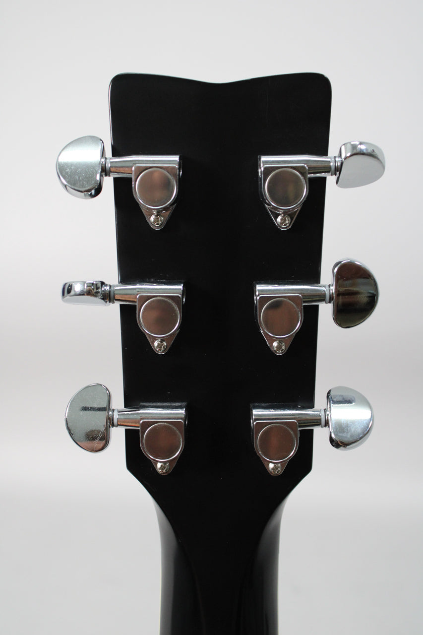 The back of a black gloss headstock with six chrome tuners, three on each side, showing minor scuffs on the tuner buttons.