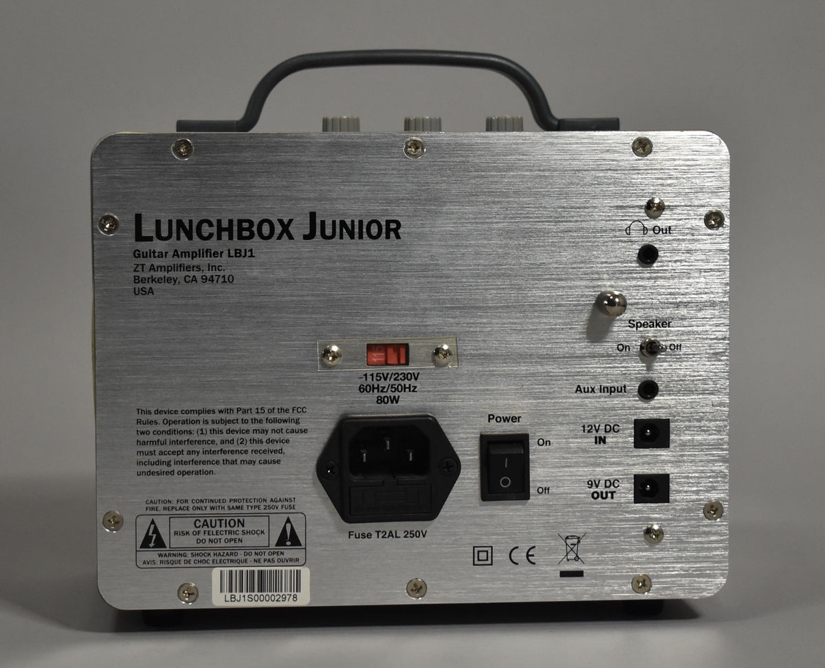 The brushed aluminum rear panel of the amp shows various inputs, outputs, a power switch, and a voltage selector.