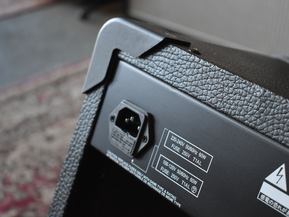 Close-up of the amp's rear, showing the black textured Tolex covering, a recessed power inlet, and voltage/fuse specifications.