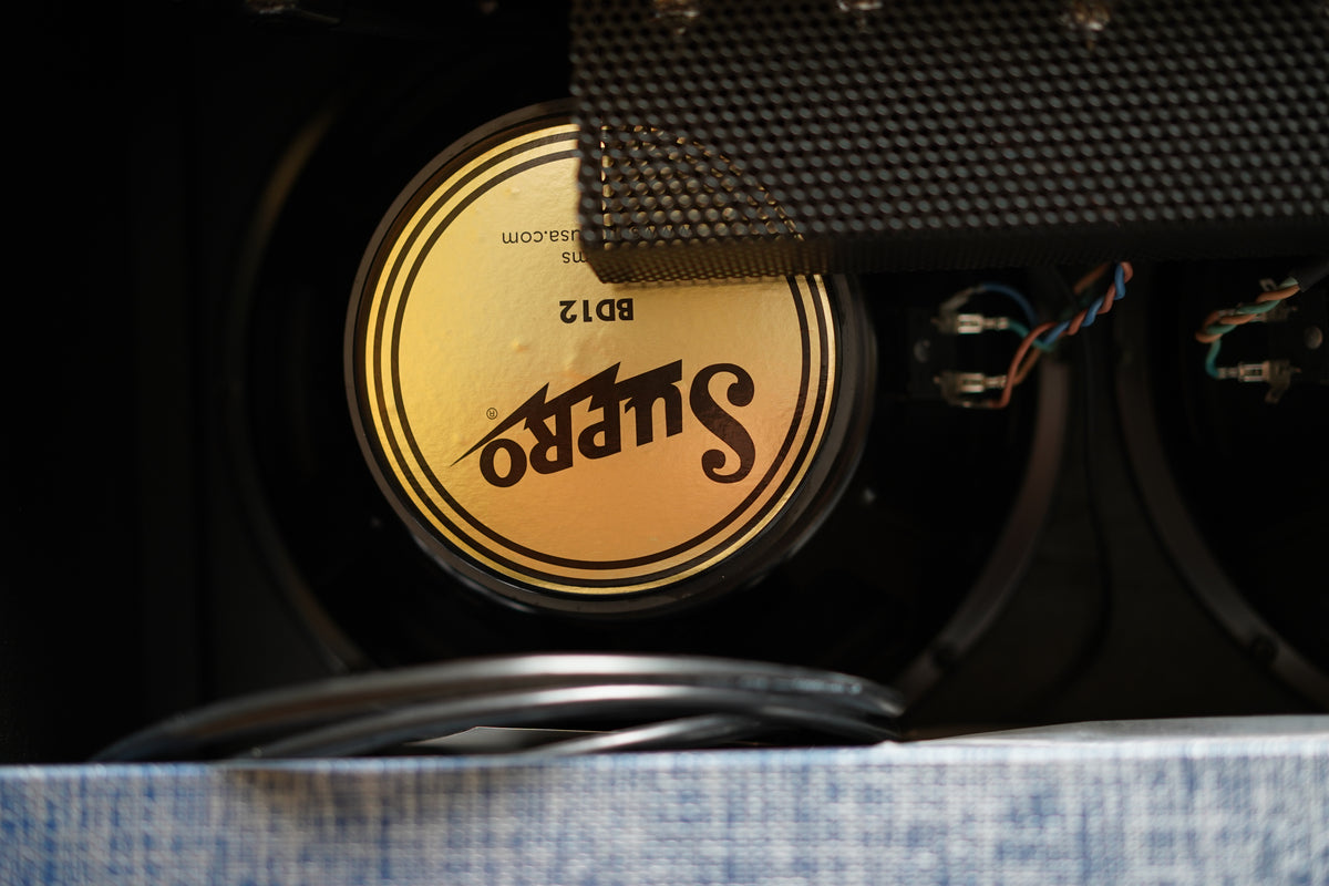 Close-up of the amp's interior, showing a gold-coned speaker with black lettering, wiring, and a black metal grille.