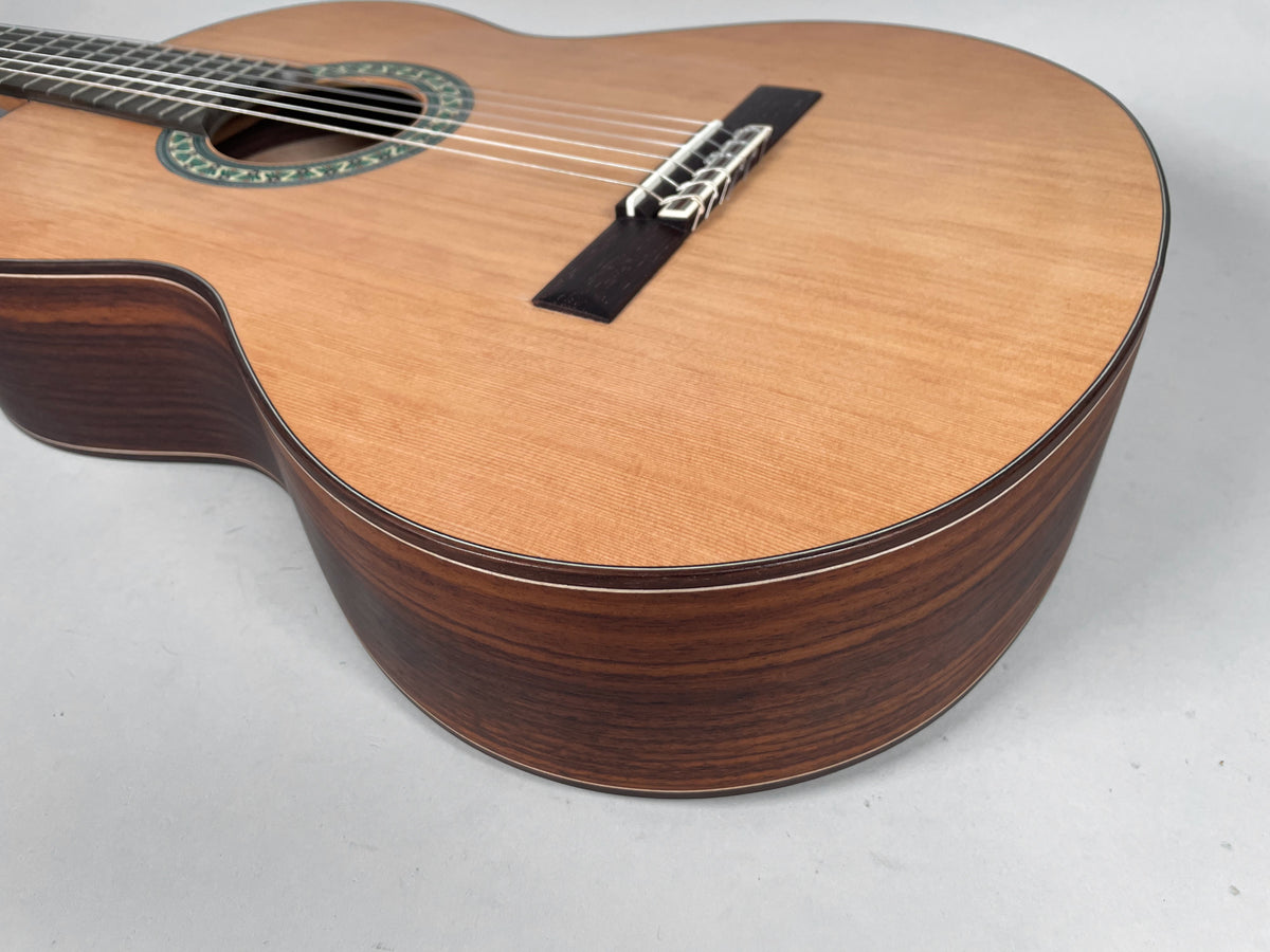 The guitar's lower bout and soundboard are visible, showing a light wood top, dark wood sides, and a decorative rosette.