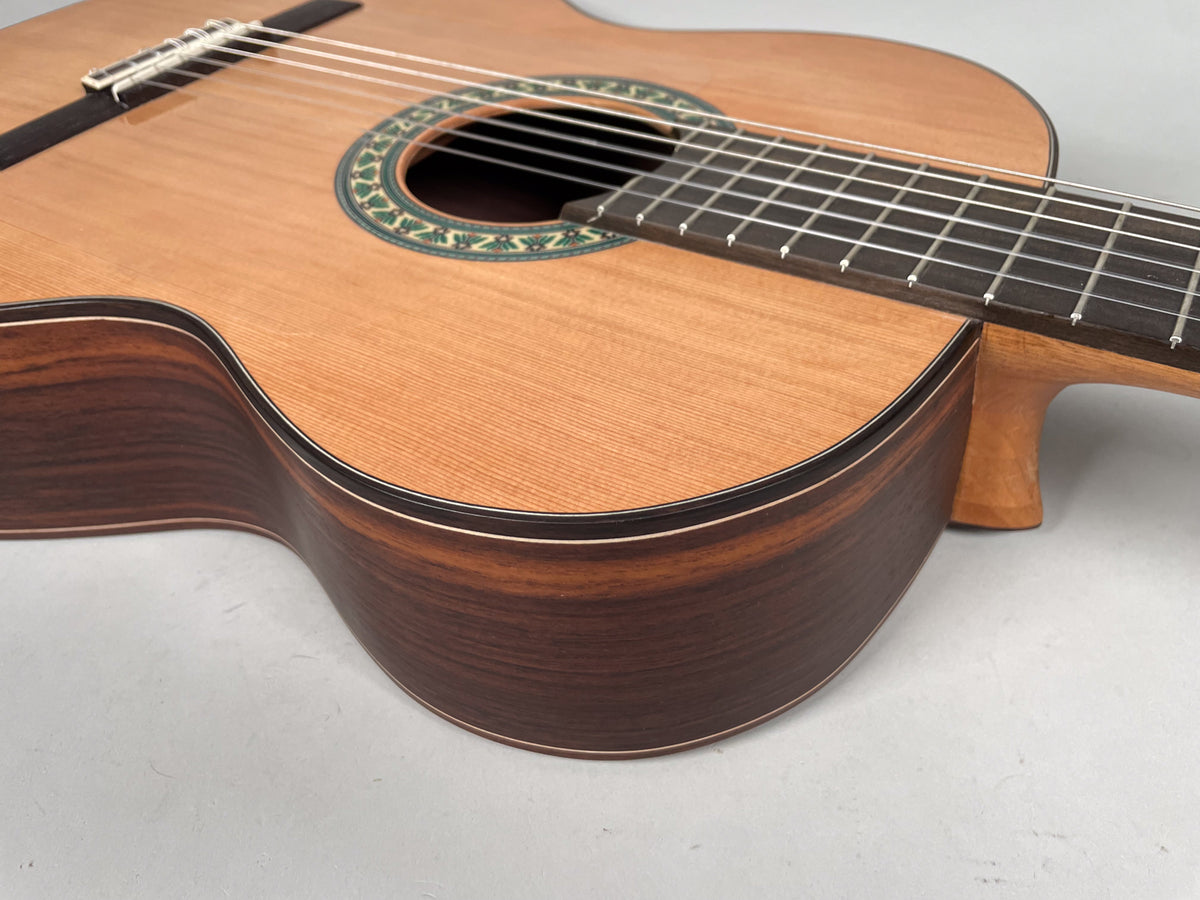 Close-up of the guitar's lower bout, showing the light wood top, dark wood sides, and a colorful rosette around the soundhole.