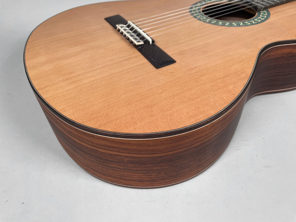 Close-up of the guitar's lower bout, showing the light wood top, dark wood sides, and a decorative green and white rosette.