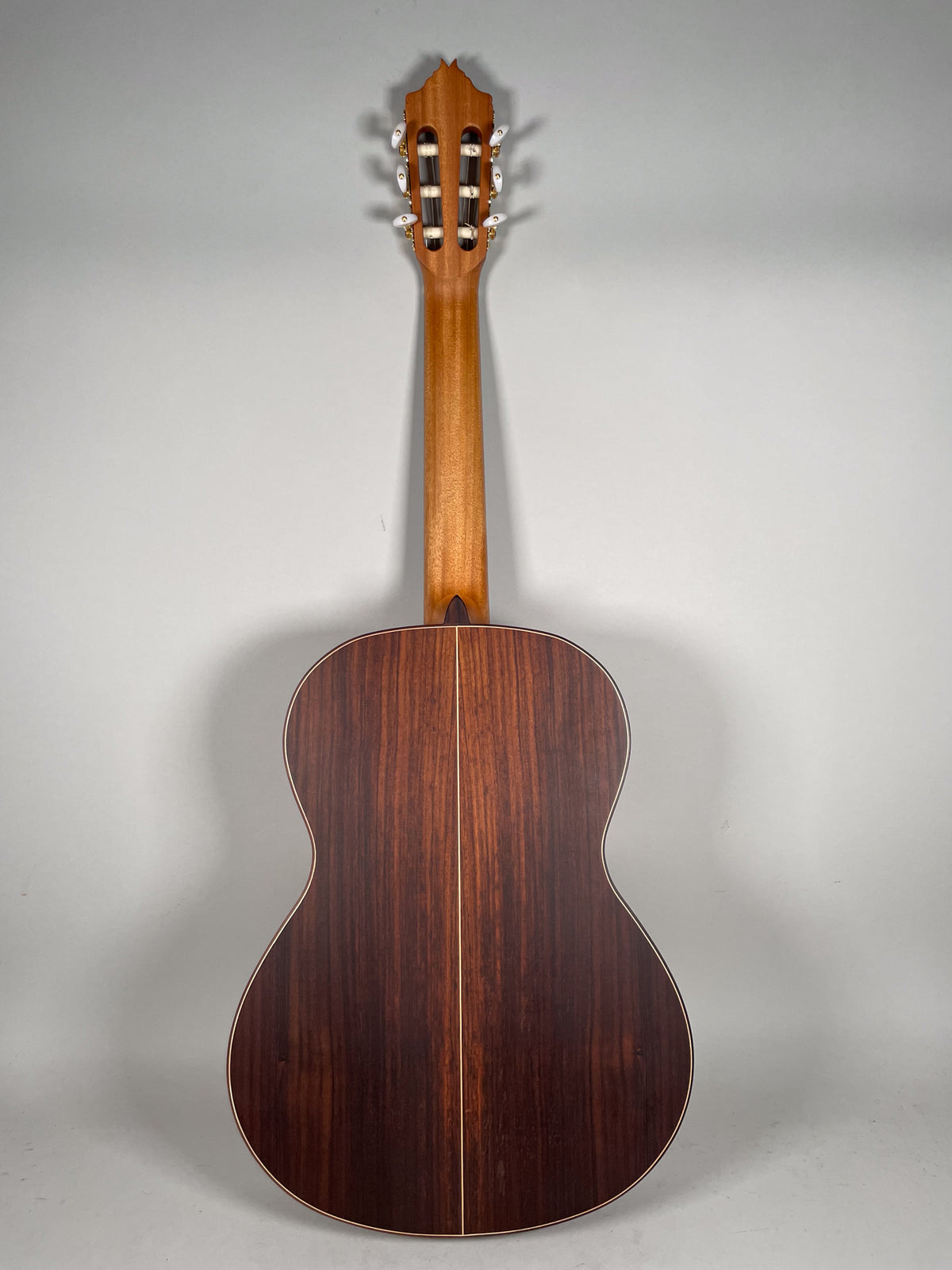 The guitar's back and neck are shown, featuring a dark wood grain body with a light center strip and a lighter brown neck and headstock.