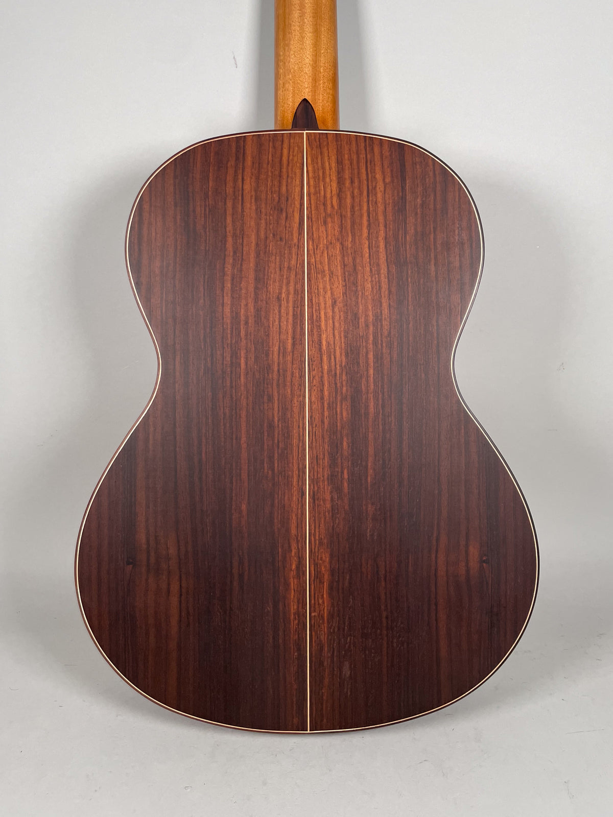 The guitar's dark reddish-brown back, with a light wood center strip and binding, is visible from a straight-on angle.