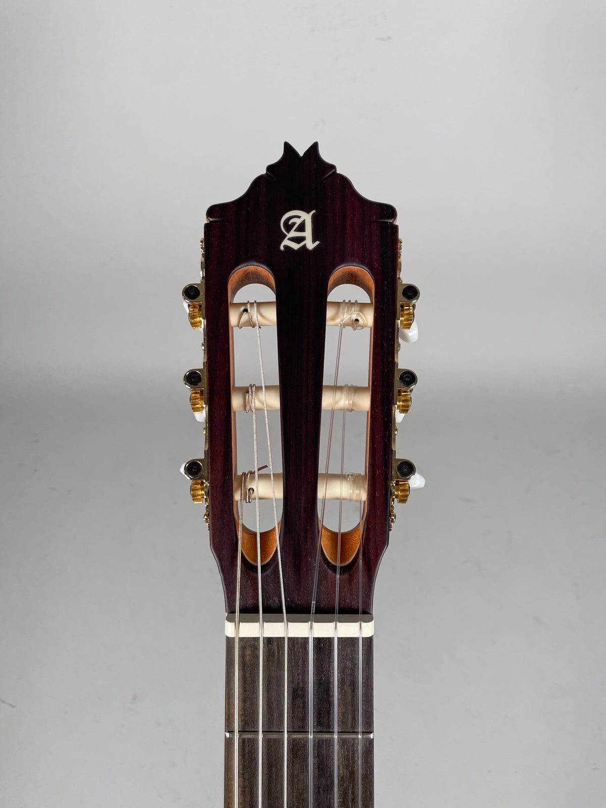 The dark wood headstock, with a white stylized "A" logo, features gold tuners with white buttons and nylon strings.