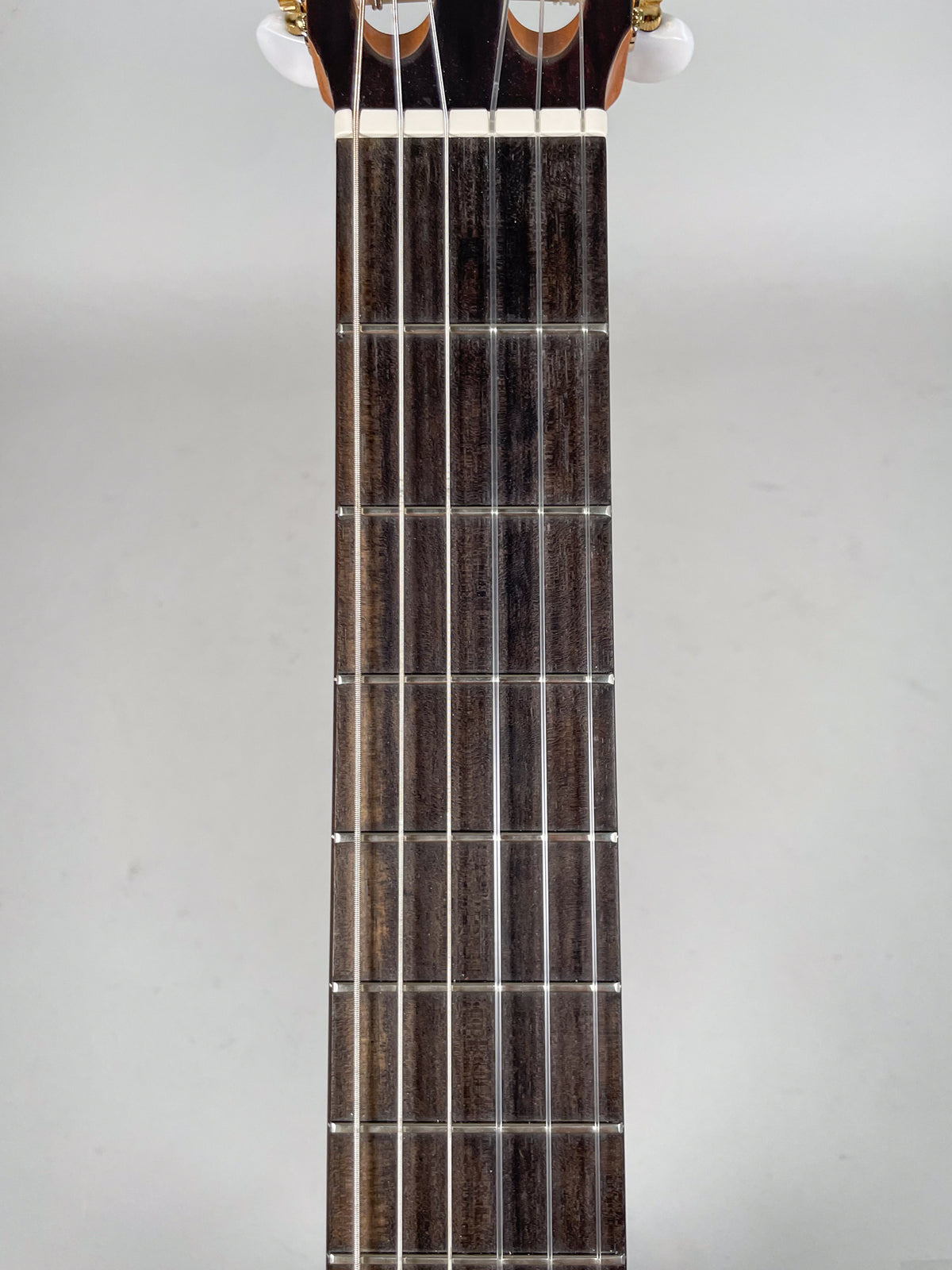 Overhead view of the dark brown fretboard with silver frets and white nylon strings, extending from the nut to the 12th fret.