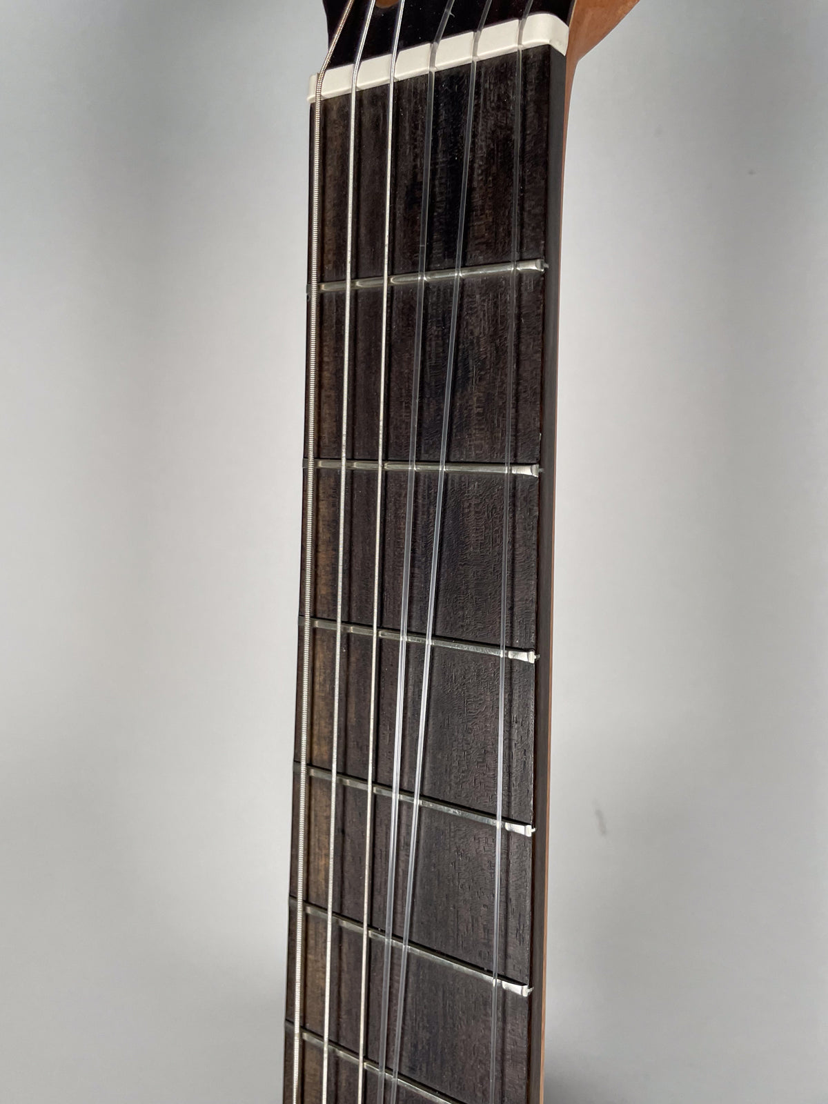 A close-up of the guitar's dark fretboard and white nut, showing the nylon strings and metal frets from an angled perspective.