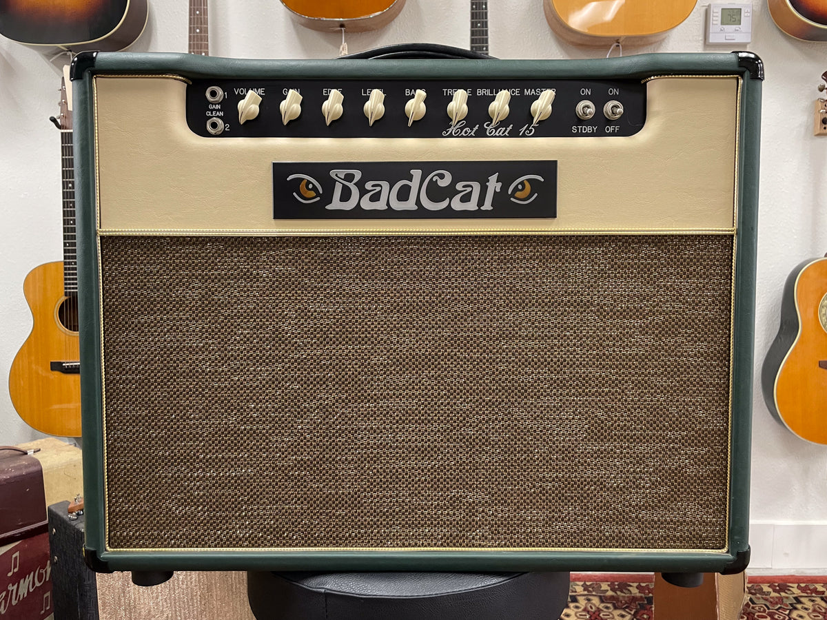 Full front view of a dark green and cream combo amp with a brown grille, featuring white chicken-head knobs and two black toggle switches.