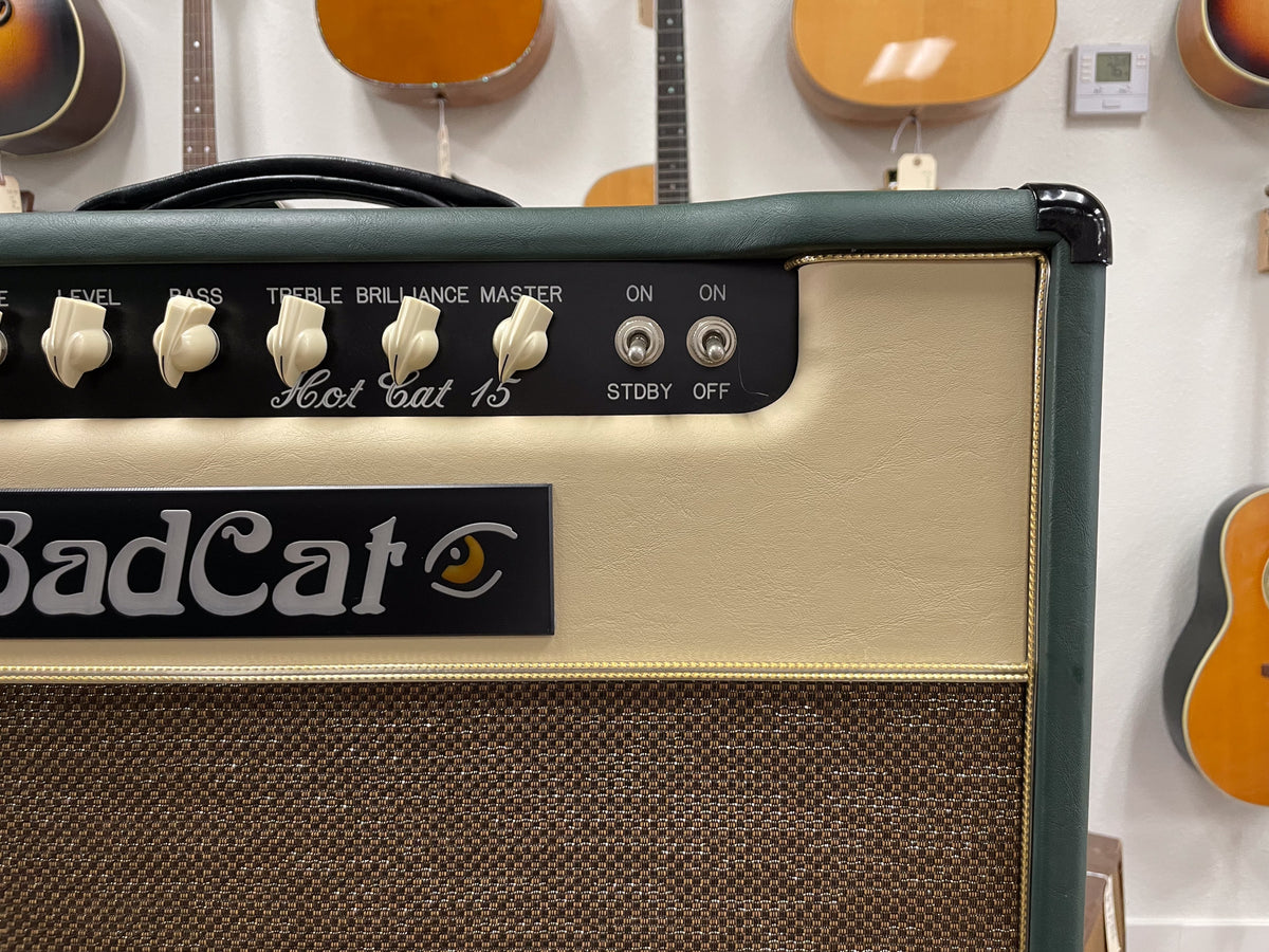 Close-up of the amp's top right, showing its dark green and cream tolex, brown grille cloth, and five cream control knobs.