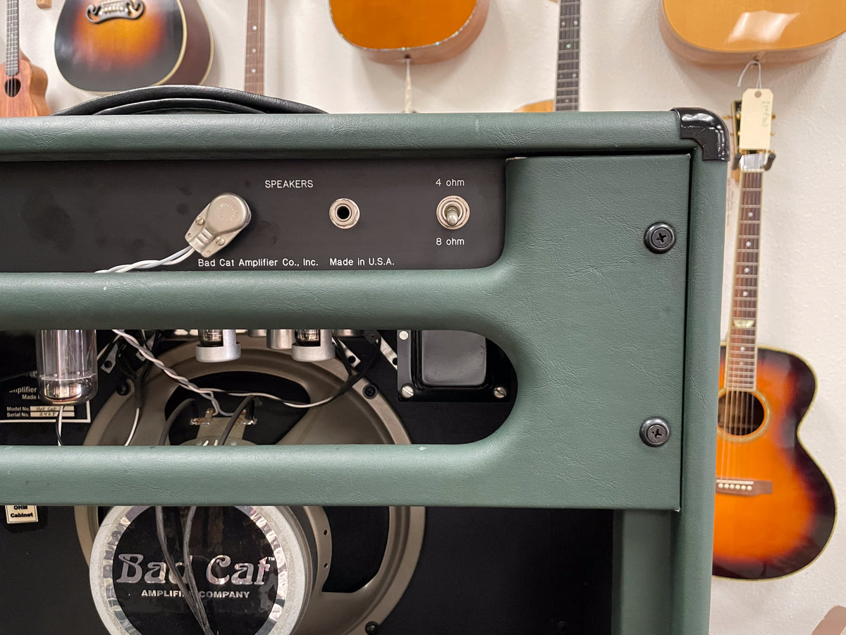 Rear view of a dark green combo amp, showing the speaker jack panel, exposed tubes, and the speaker cone.