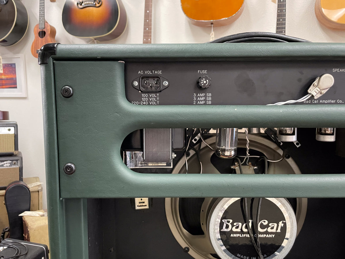 Rear view of a dark green combo amp, showing the power input, fuse, speaker, and visible vacuum tubes.