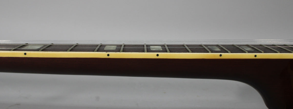 The banjo's dark brown neck is viewed from the side, showing the fretboard with rectangular inlays and cream binding with black dot markers.