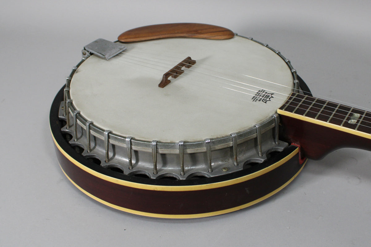 Close-up of a banjo's body, showing the light-colored head, wooden bridge, strings, dark wood armrest, and part of the neck.