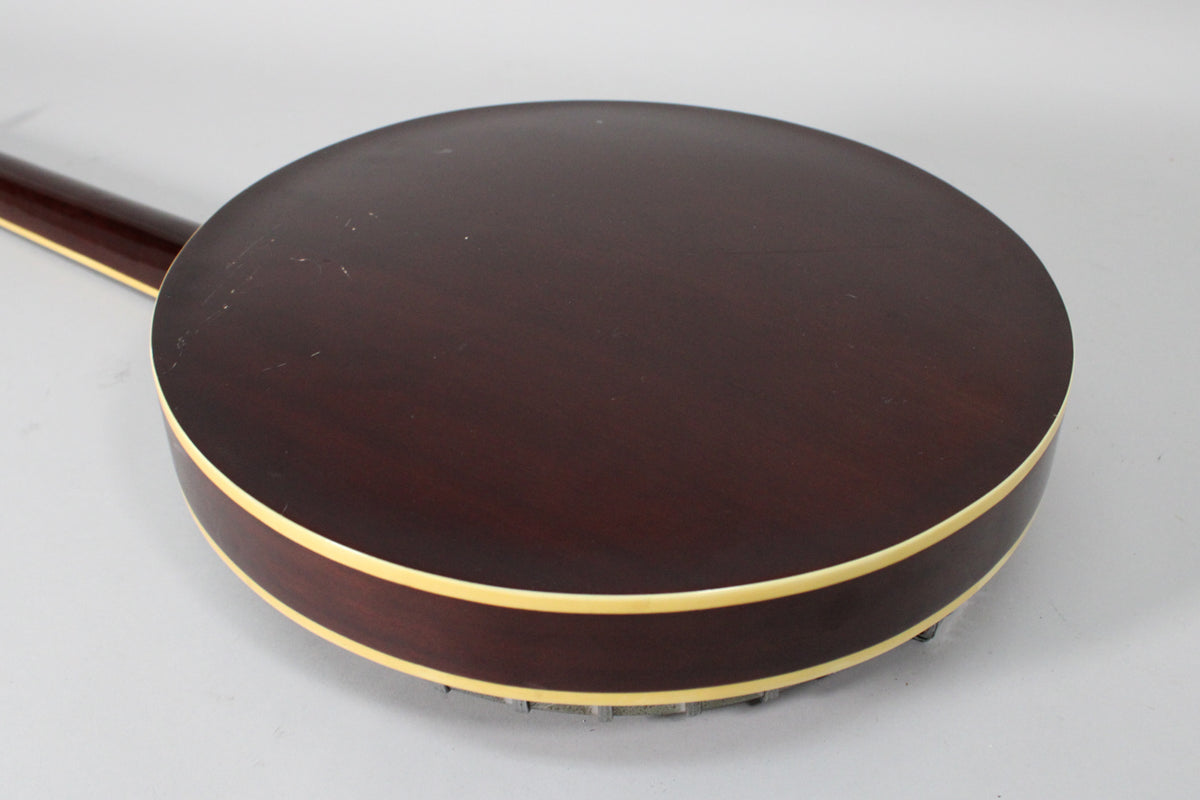 The dark brown banjo resonator back, with cream binding, shows light scratches and wear.