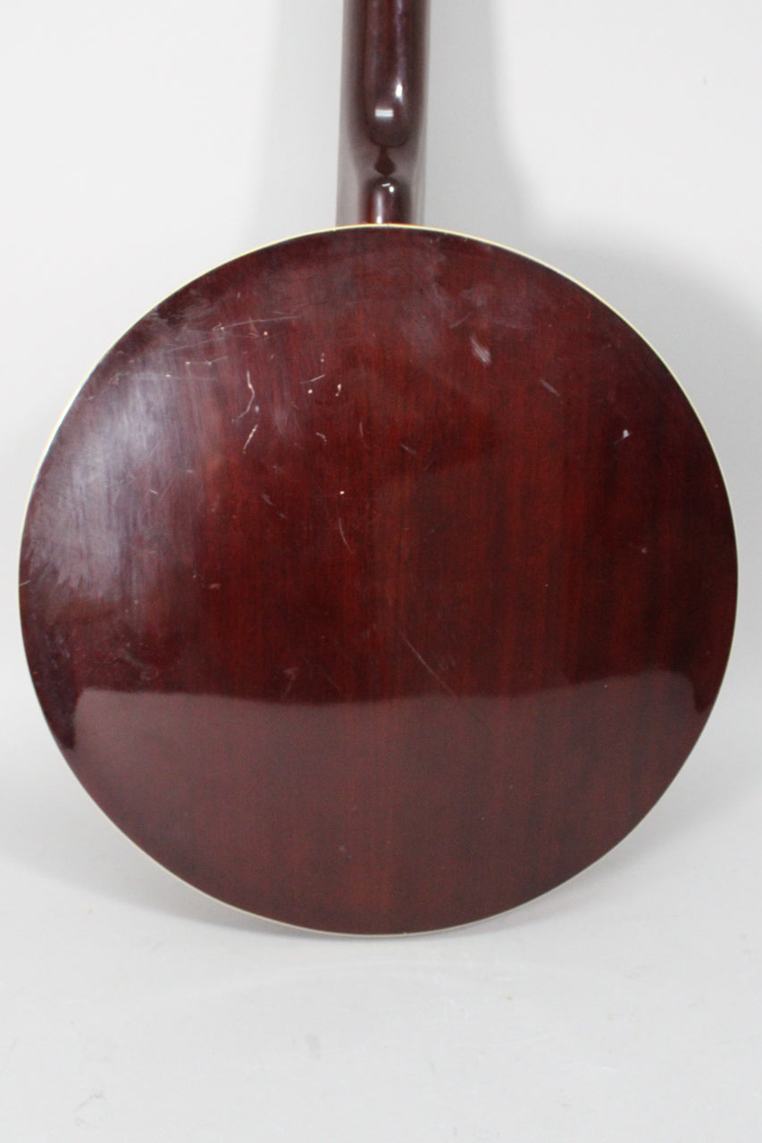 The banjo's dark reddish-brown resonator back is shown from behind, with many light scratches and a white binding visible.
