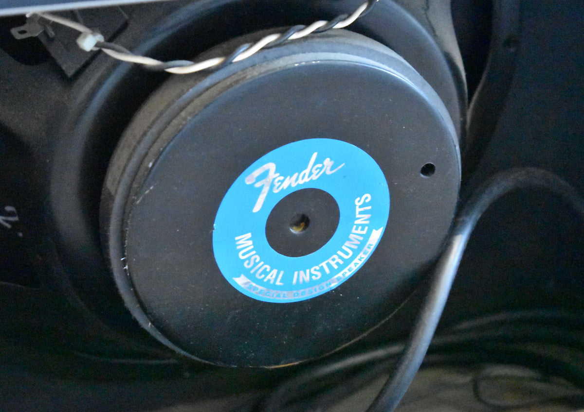 Close-up of the black speaker cone with a blue and white circular label, showing some dust and minor wear around the edge.