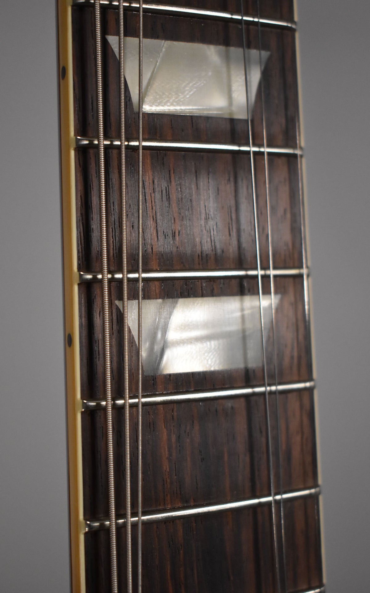 Close-up of the dark rosewood fretboard with trapezoid mother-of-pearl inlays, nickel frets, and six strings.