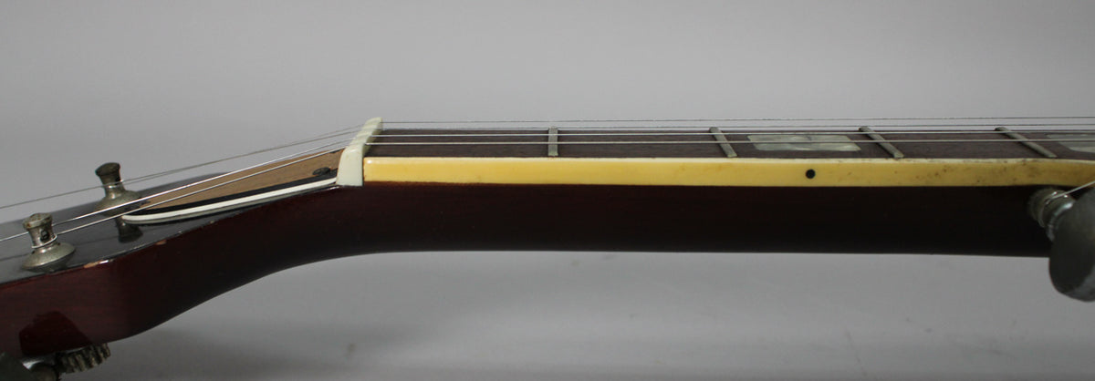 The banjo's dark brown neck and fretboard are shown from the side, with a cream binding and some light wear.