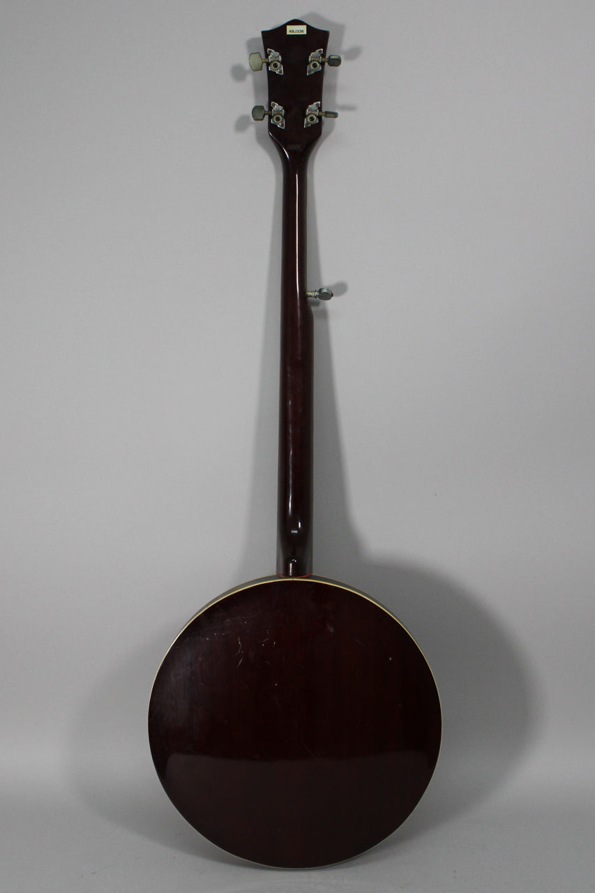 Full rear view of a dark brown banjo with a glossy finish, showing the headstock, neck, and resonator with light surface scratches.
