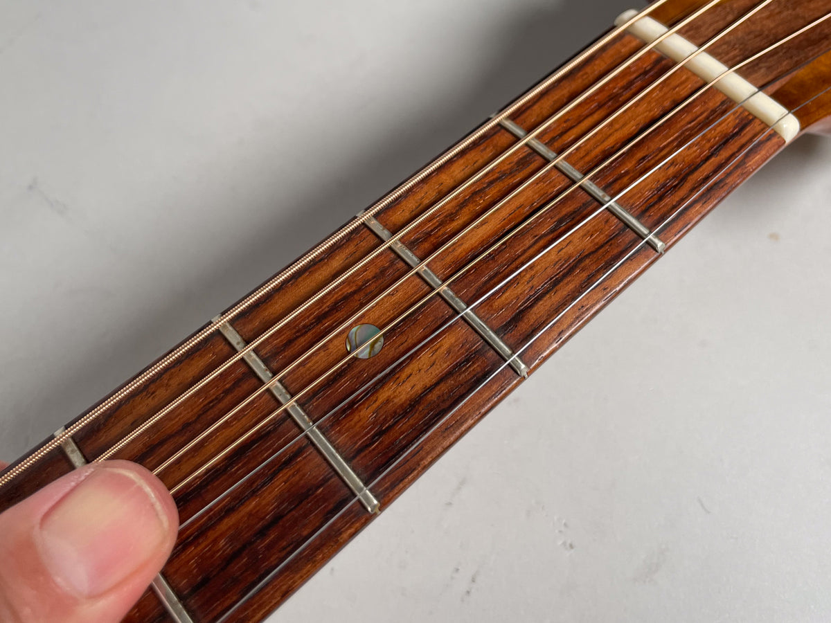 Close-up of the dark brown fretboard with a single iridescent dot inlay, showing a thumb on the lowest string.