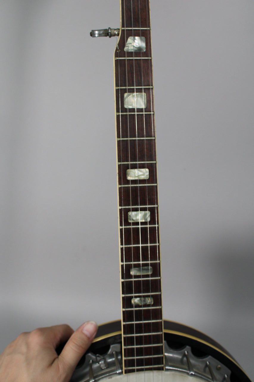 The banjo's dark fretboard with rectangular mother-of-pearl inlays is shown from the nut to the 12th fret.