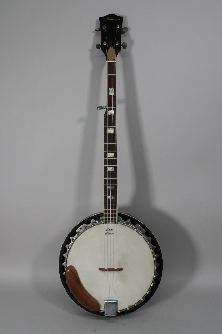 Full-length view of a black banjo with a white head, dark fretboard with rectangular inlays, and a wooden armrest.