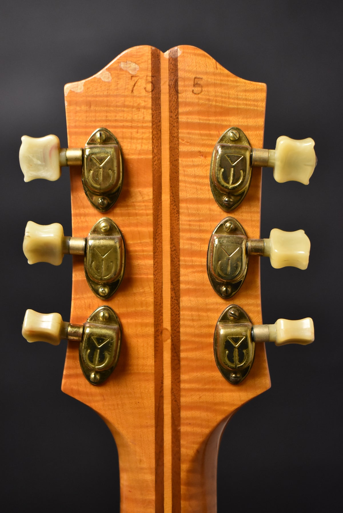 Rear view of the headstock, showing six cream-colored tuning pegs, brass tuners, and a faint serial number "7545".