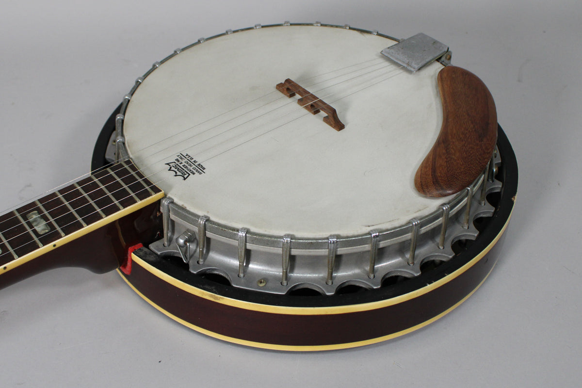 Angled view of a dark brown banjo with a white head, showing the neck, bridge, and a curved wooden armrest.